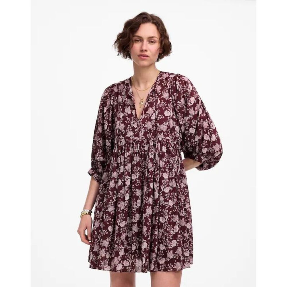 Madewell Splitneck Puff-Sleeve Dress in Floral Olivia Floral Dark Fig Size M NWT